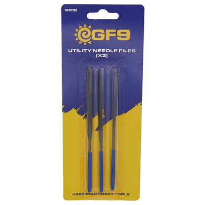 GF9 Utility Needle Files (x3) pack. Three dark grey needle files with blue handles on a blue and yellow card