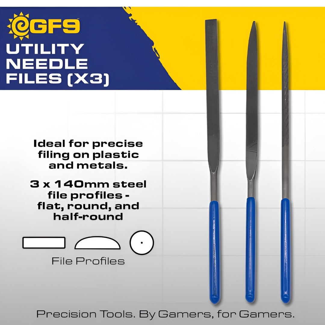 Three 140mm steel utility needle files with blue handles: flat, half-round, and round, for precise filing
