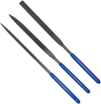 Three metal files with blue handles, featuring flat, tapered, and round shapes
