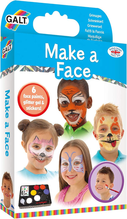 Galt Make a Face painting kit box showing children with tiger, cat, and butterfly designs, plus the included face paint palette and gel
