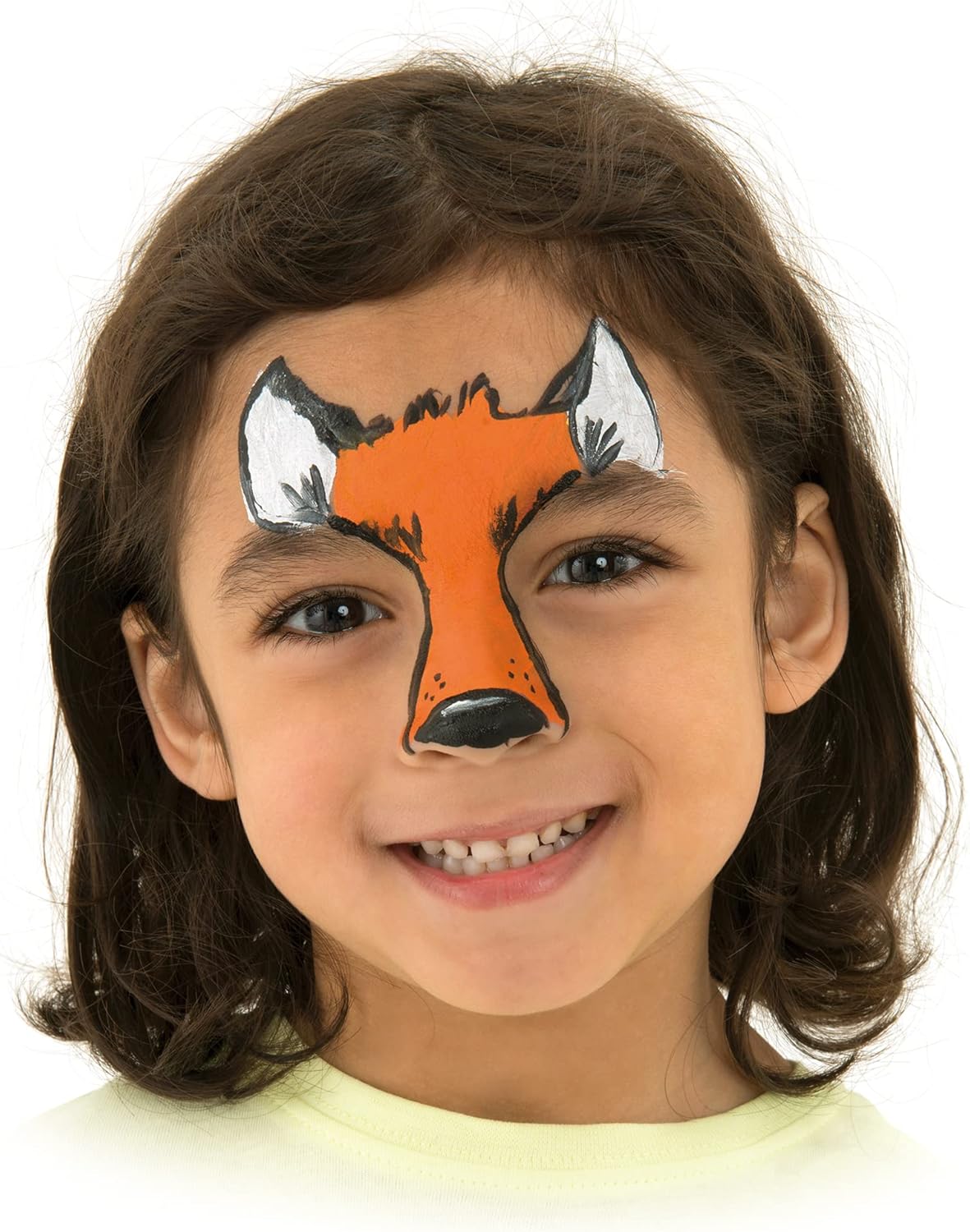 Smiling child wearing an orange and black fox face paint design with white ears painted on the forehead