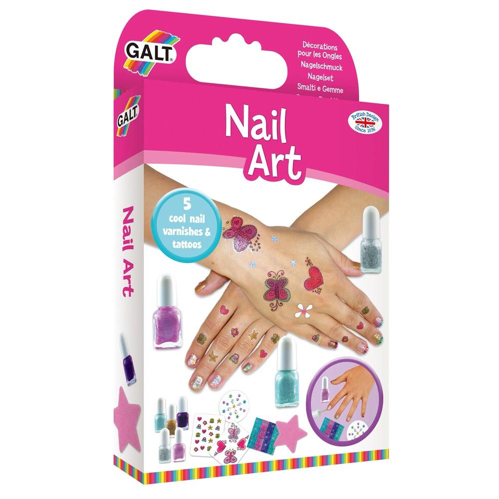 Galt Nail Art kit box featuring hands with glitter polish and temporary tattoos