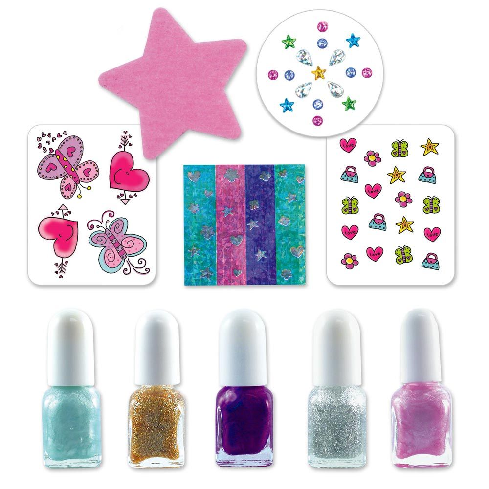 Kids nail art kit: 5 mini glitter nail polishes, assorted butterfly, heart, flower, and purse decals, rhinestones, and metallic foil strips