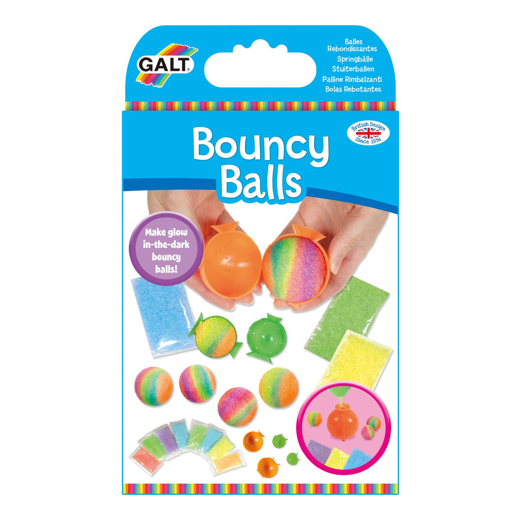 GALT "Bouncy Balls" kit for making glow-in-the-dark bouncy balls, Hands assemble a colorful ball; finished ones shown