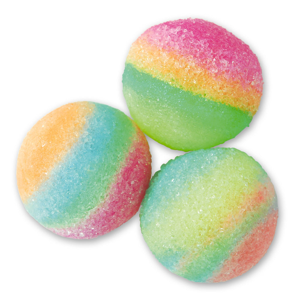 Three round, vibrantly striped rainbow candies covered in sugar crystals
