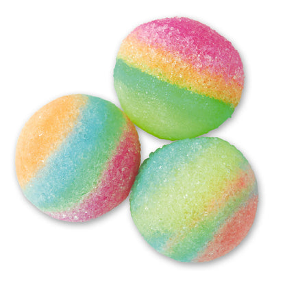 Three round, vibrantly striped rainbow candies covered in sugar crystals