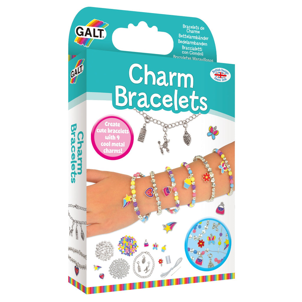 Galt Charm Bracelets kit box with a child's arm wearing colorful beaded bracelets, assorted charms, and supplies