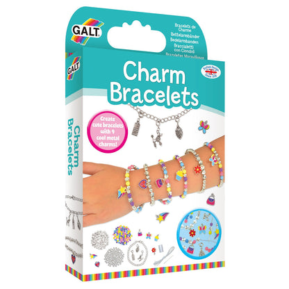 Galt Charm Bracelets kit box with a child's arm wearing colorful beaded bracelets, assorted charms, and supplies