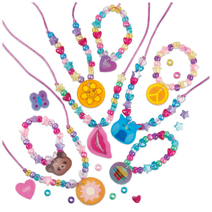 Vibrant beaded jewelry craft kit: necklaces, bracelets, and charms like a flower, owl, peace sign, and "BFF" heart