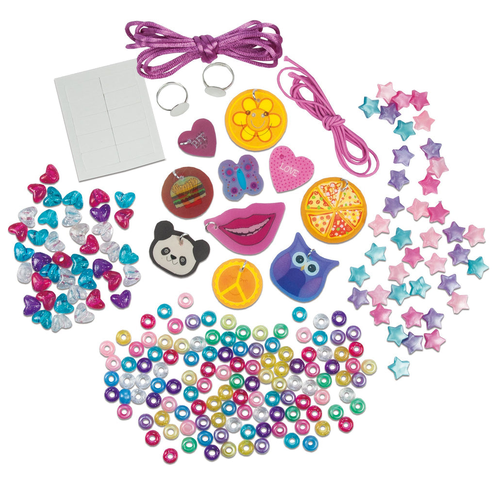 Colorful jewelry making kit with heart, star, and round beads, various fun charms (panda, pizza, lips), purple string, and rings