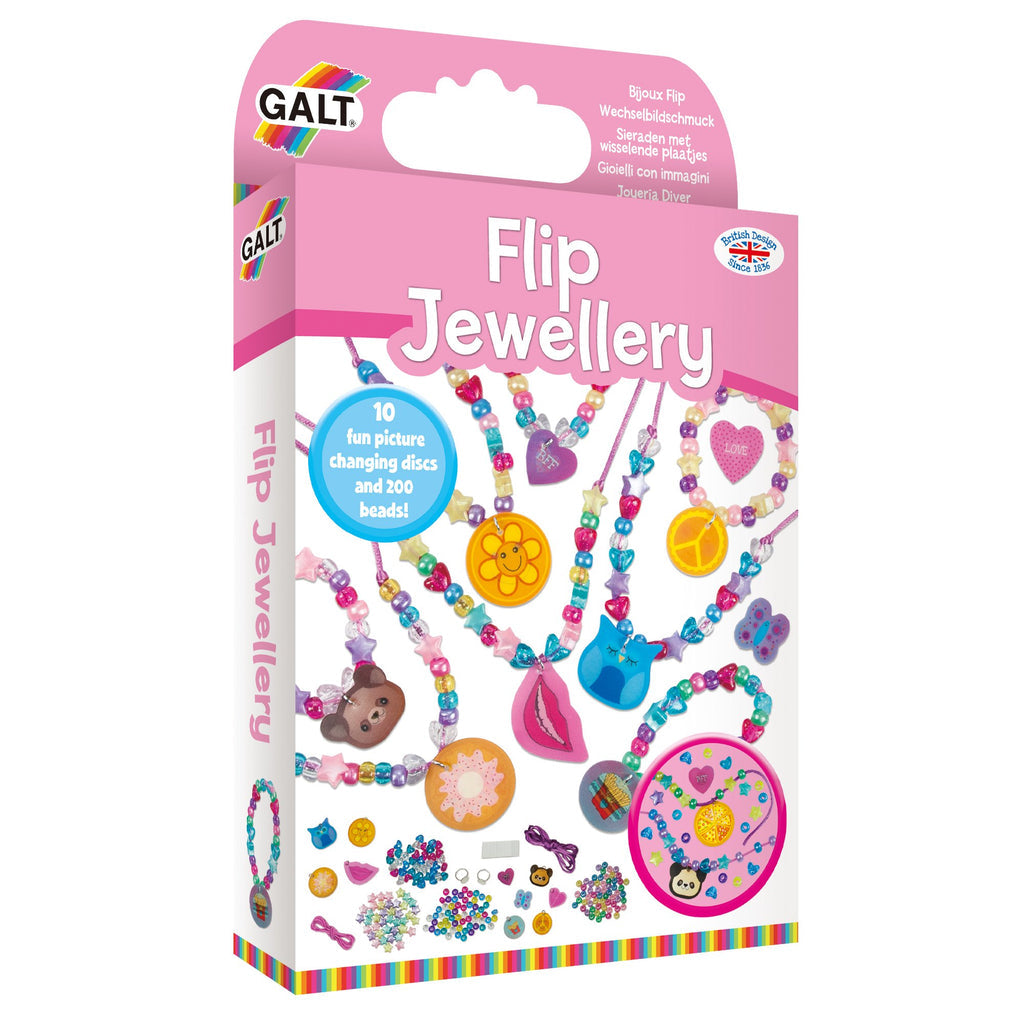 Pink GALT Flip Jewellery kit box showing colorful beads, charms, and picture-changing discs for making jewelry