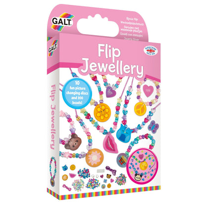 Pink GALT Flip Jewellery kit box showing colorful beads, charms, and picture-changing discs for making jewelry