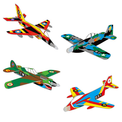 Four colorful toy airplanes with unique designs, including camouflage, shark face, and flames