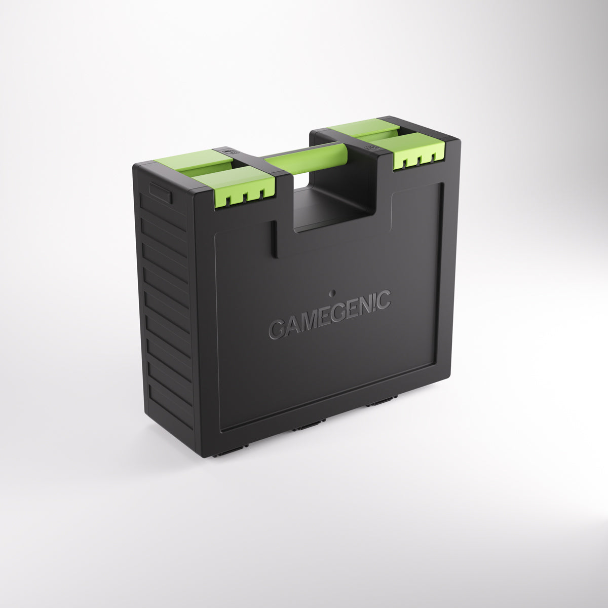 Black plastic Gamegenic storage case with a bright green handle and top accents, designed for cards or games