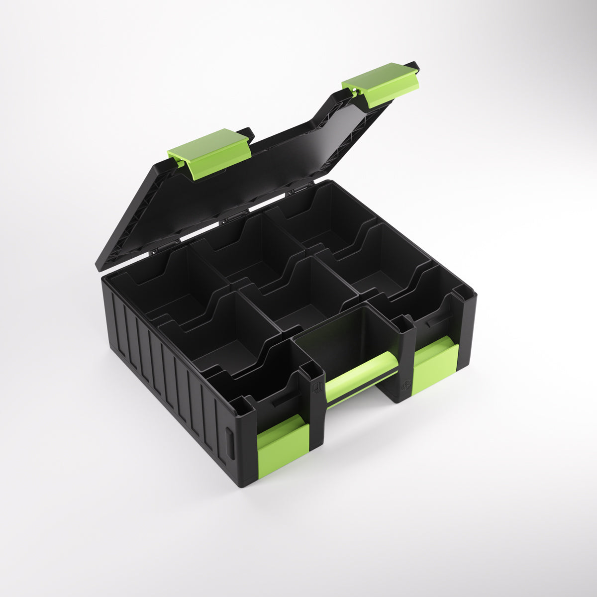 A black storage case with bright green accents, open to show its multi-compartment interior