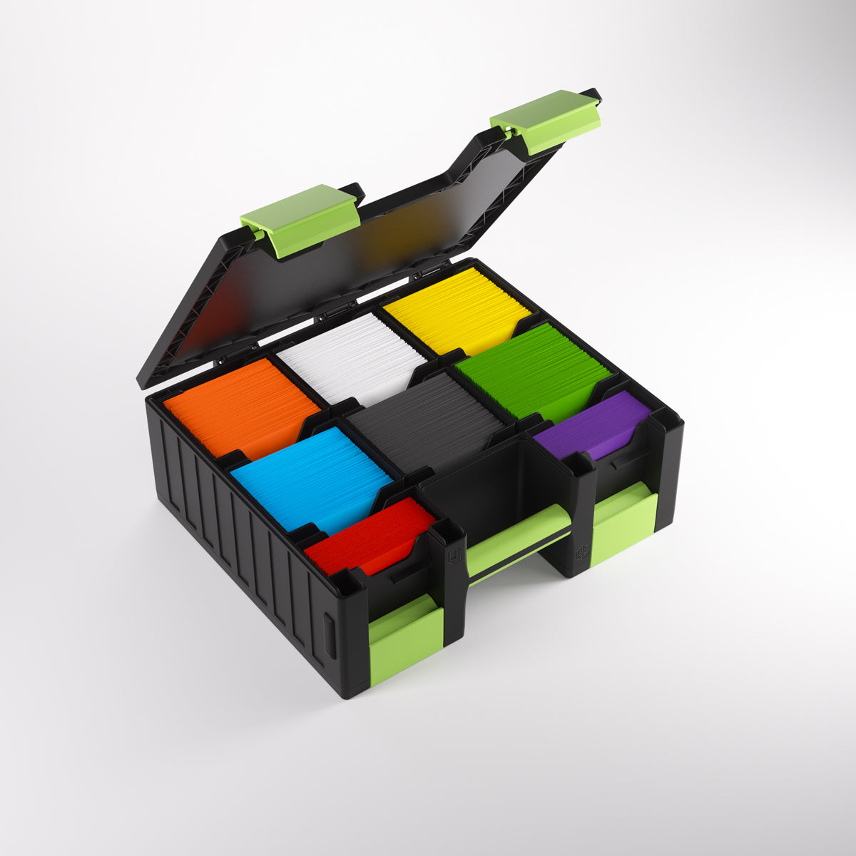 An open black and lime green organizer case showing colorful stacks of cards in nine compartments