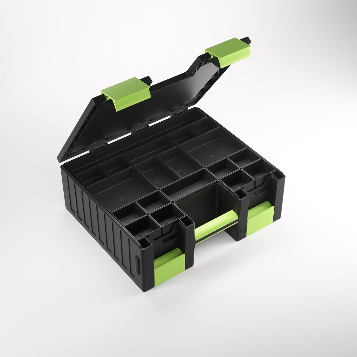 Open black and green storage organizer with many internal compartments