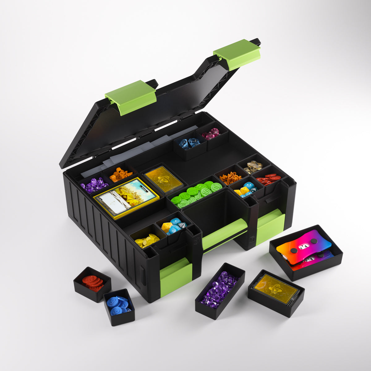 Open black and green board game organizer case filled with cards, tokens, dice, and gems
