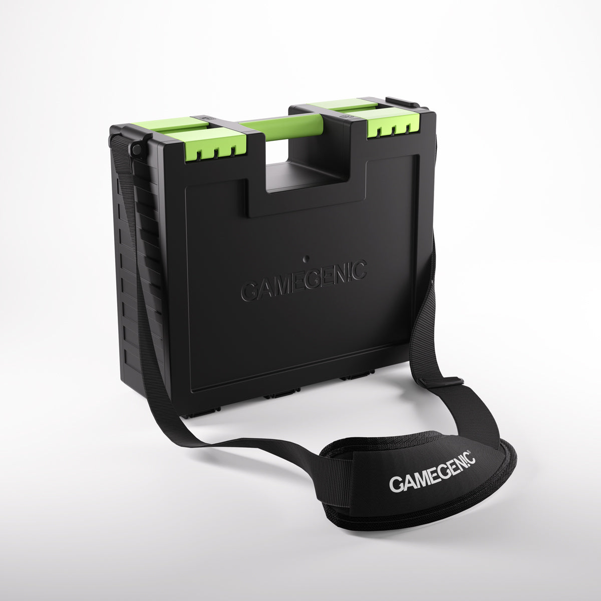 Black Gamegenic hard-shell case with neon green handle and a shoulder strap