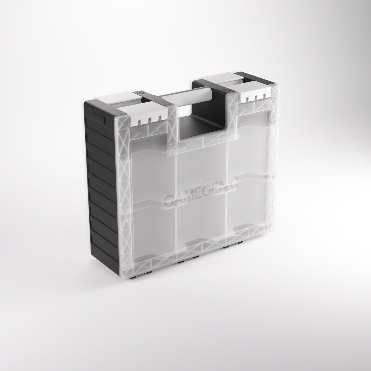 A black and translucent Gamegenic storage container with internal dividers and top handles