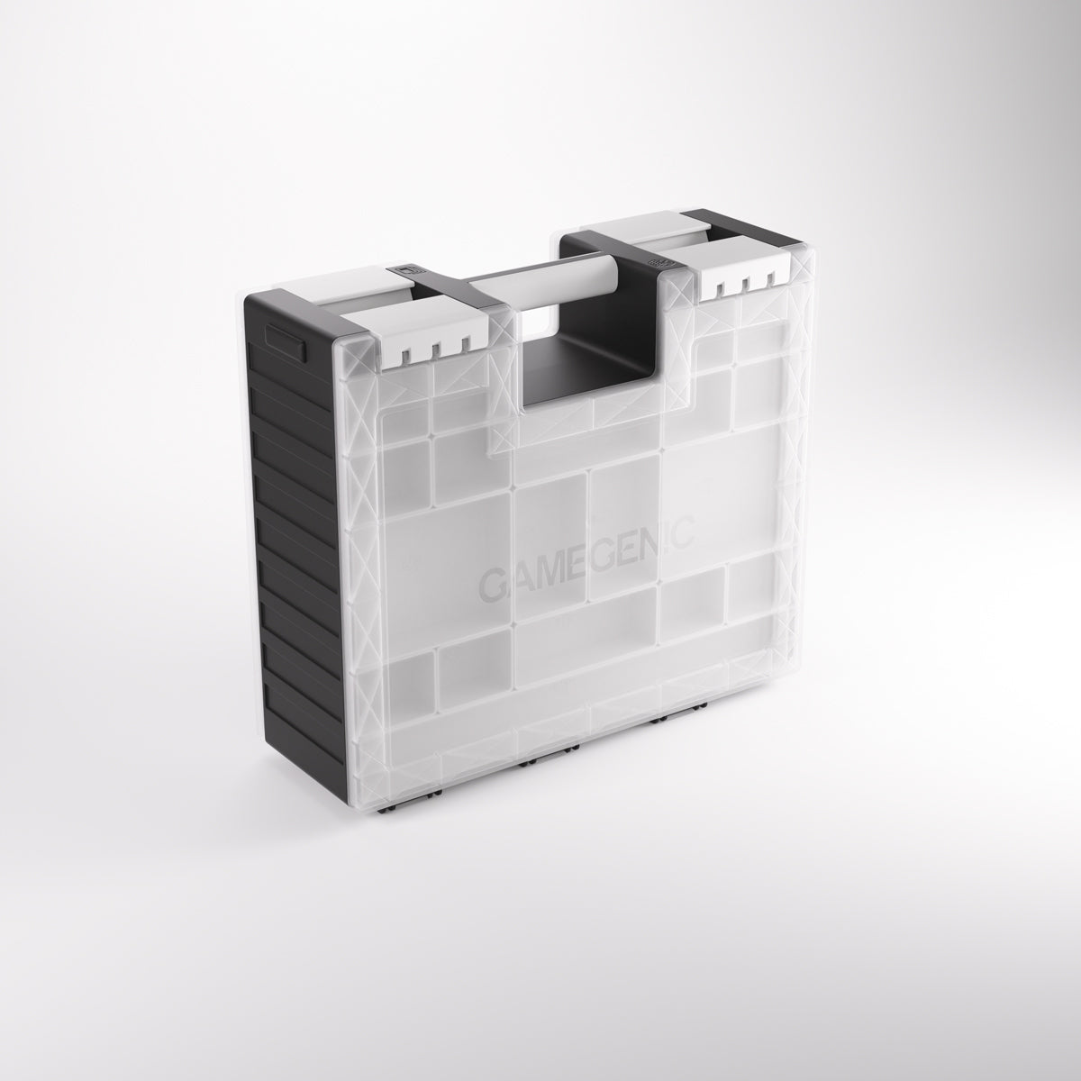 A translucent white and black Gamegenic storage case with carrying handles and visible internal compartments