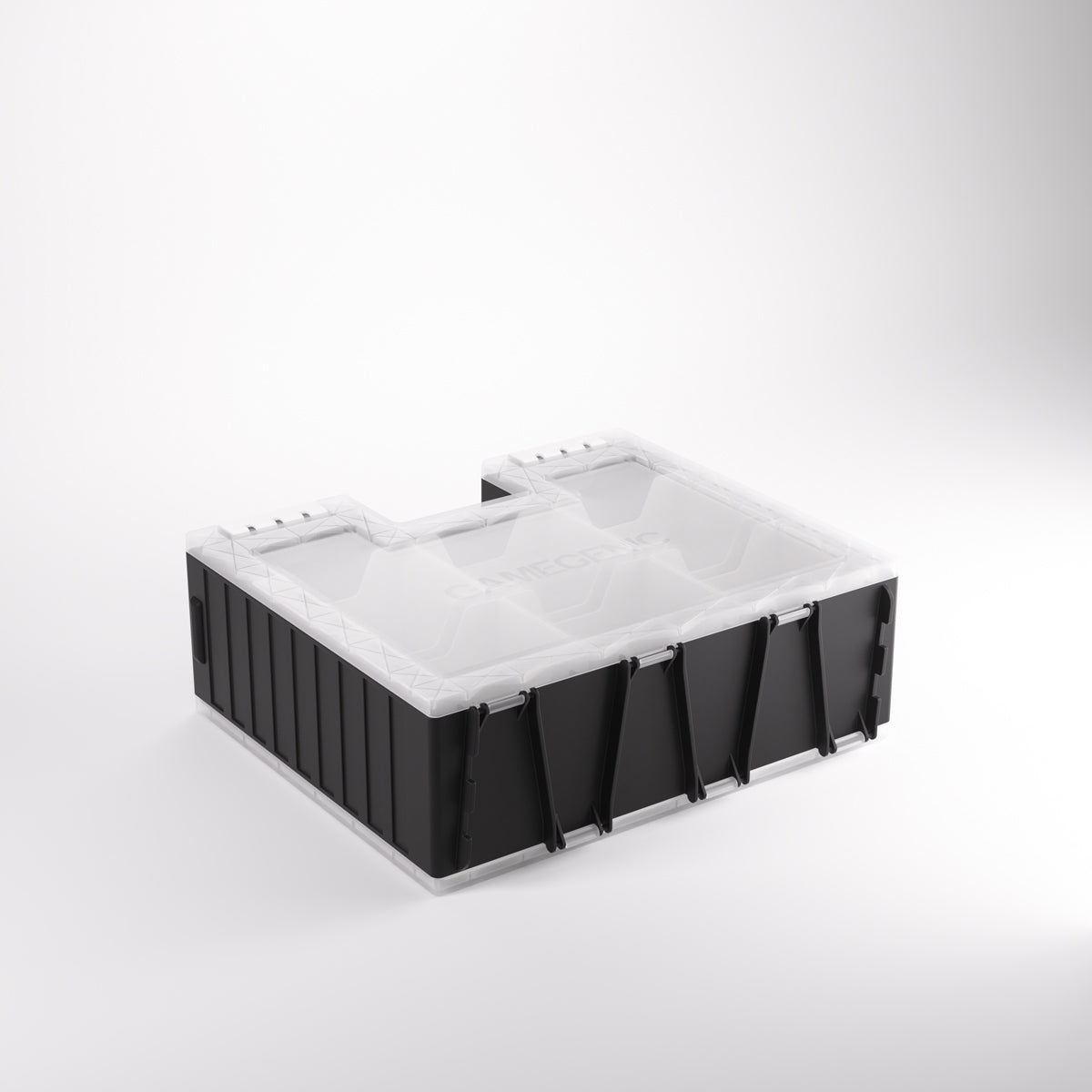A black storage container with clear partitioned lid and GAMEGENIC branding
