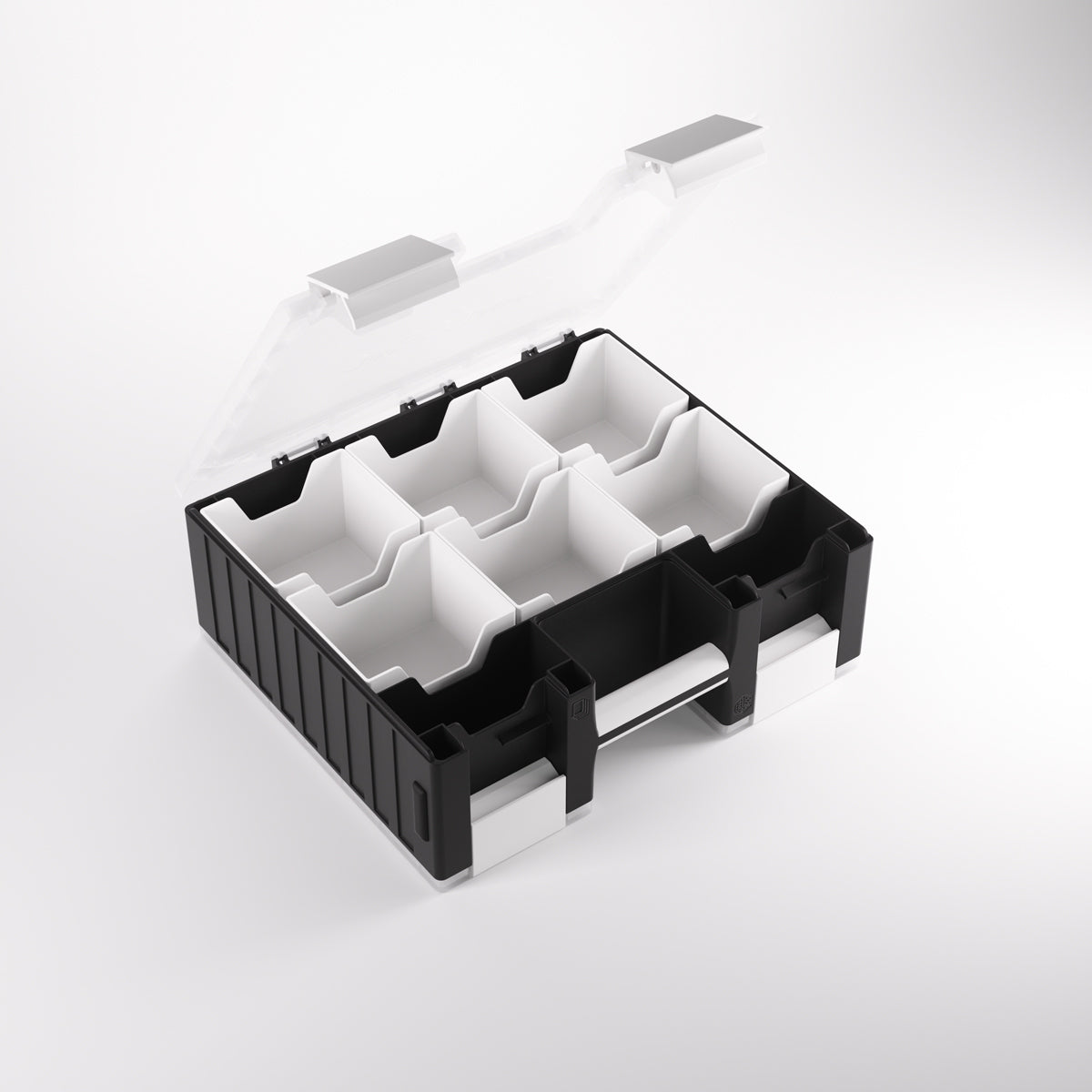 Open black and white storage organizer with a clear lid, revealing multiple empty compartments