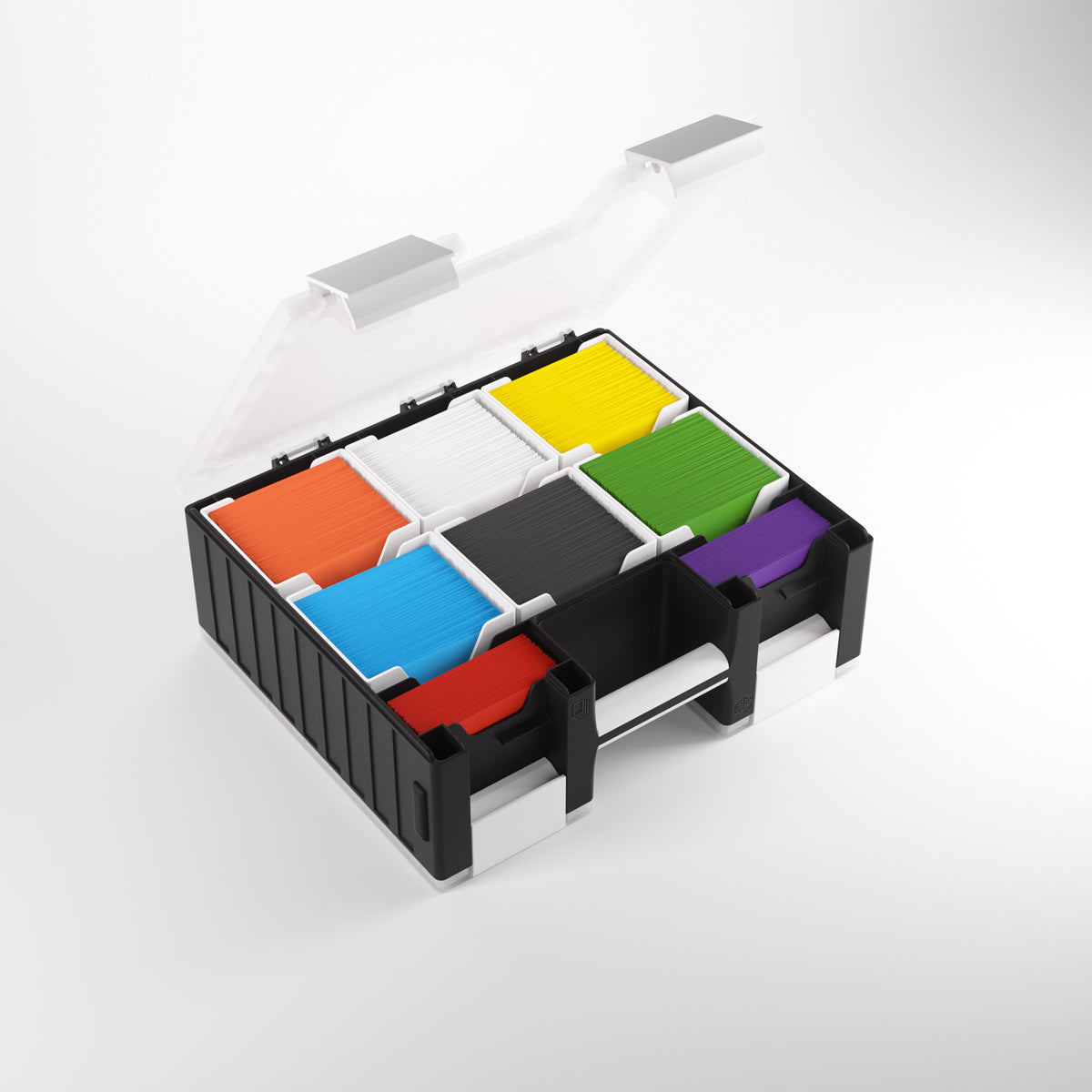 An open black organizer box with a clear lid, showing 8 compartments filled with colorful stacks of cards