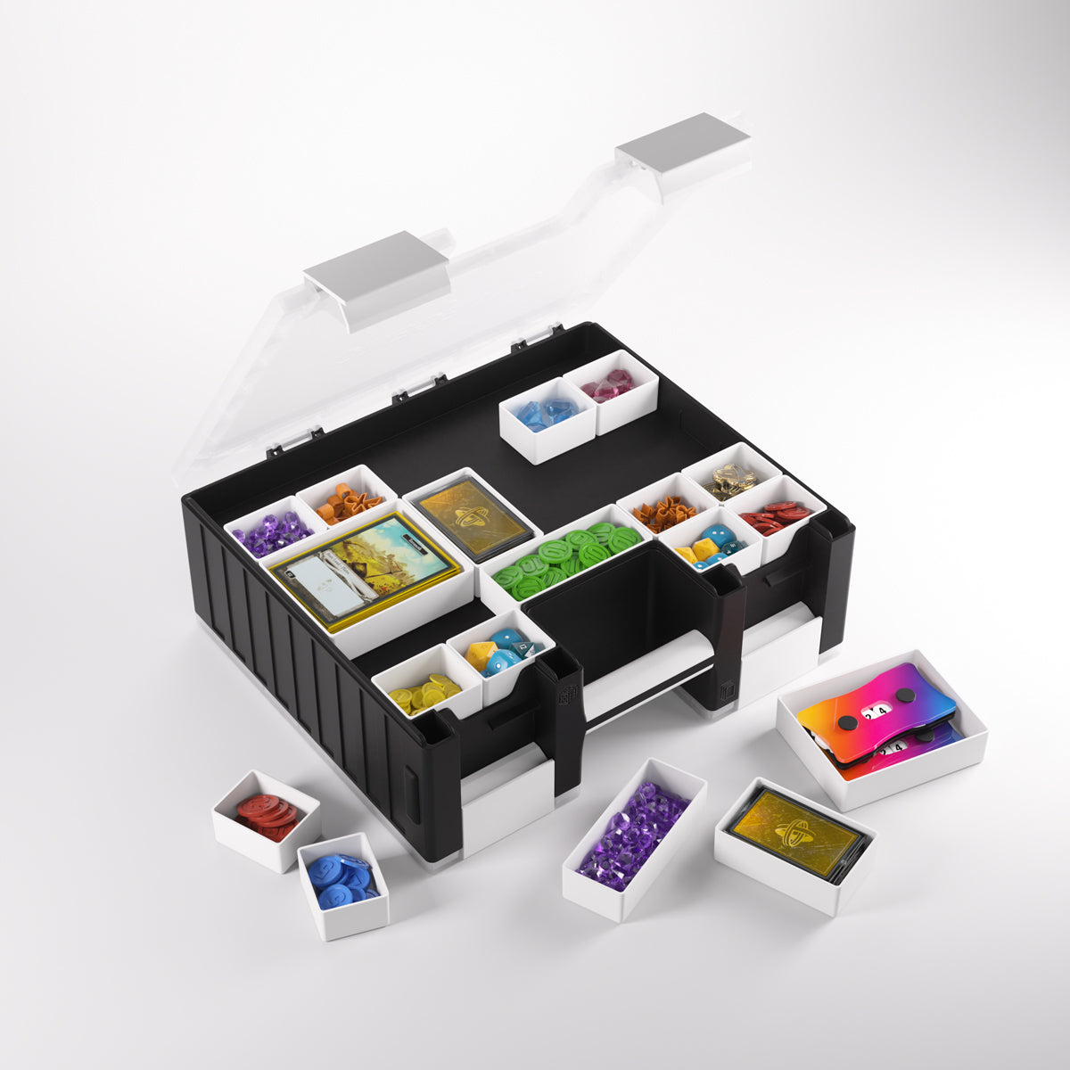 Open black and white board game organizer case with clear lid, filled with colorful game tokens and cards