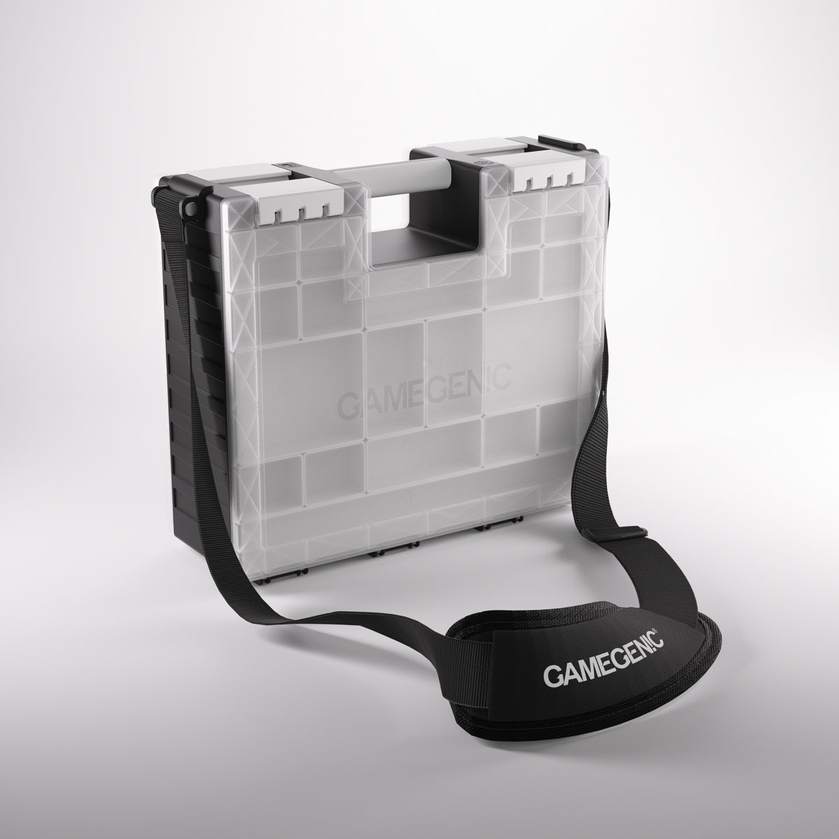 A frosted Gamegenic carrying case with black sides, white handles, and a black shoulder strap, showing internal compartments
