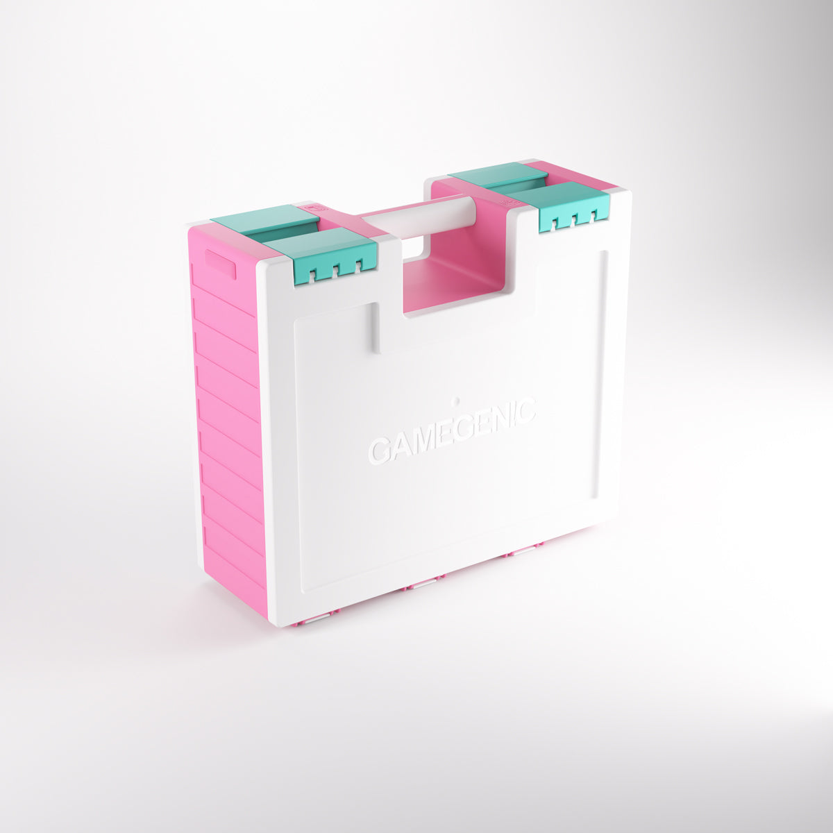 A white, pink, and teal Gamegenic hard gaming case with a handle