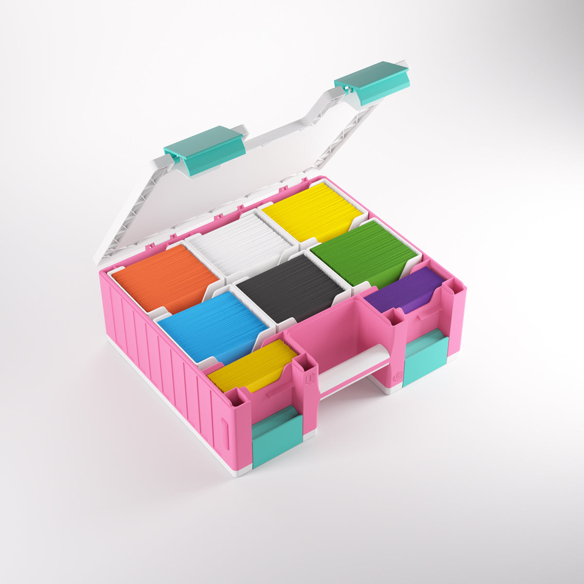 Open pink storage case with white lid and turquoise accents, containing stacks of colorful cards in organized compartments