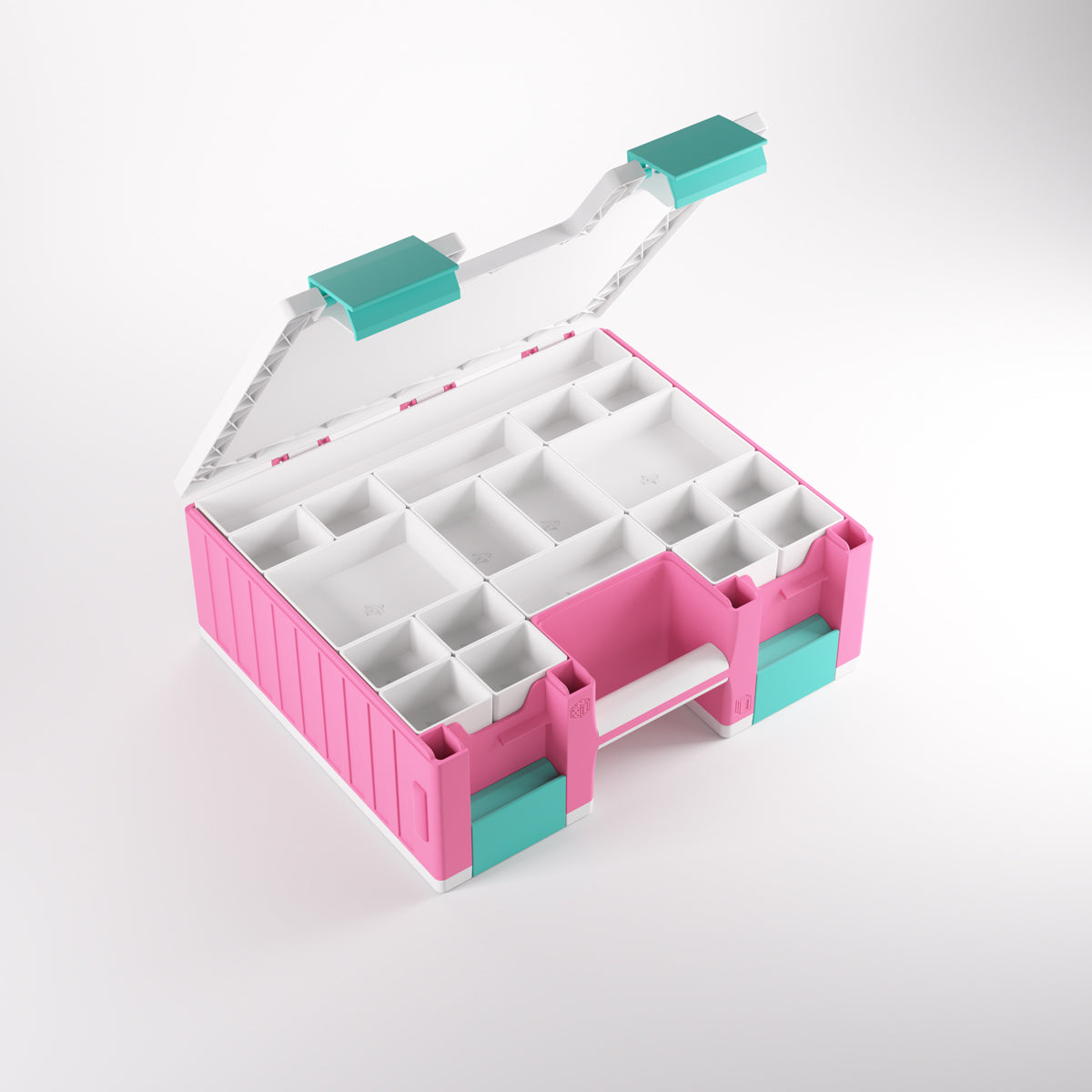 An open pink, white, and teal multi-compartment organizer case for tools or crafts