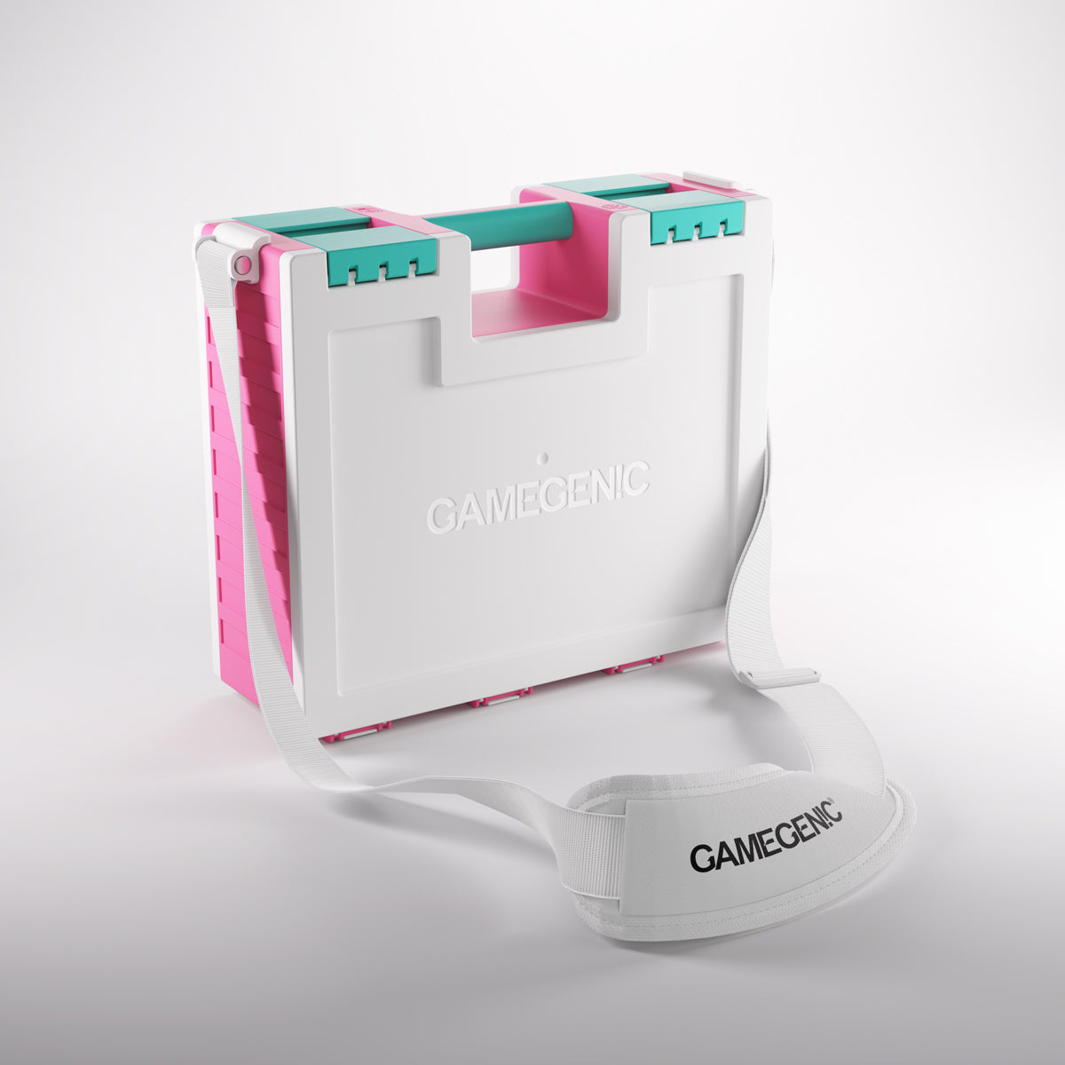A white Gamegenic carrying case with pink and teal accents, a top handle, and a shoulder strap