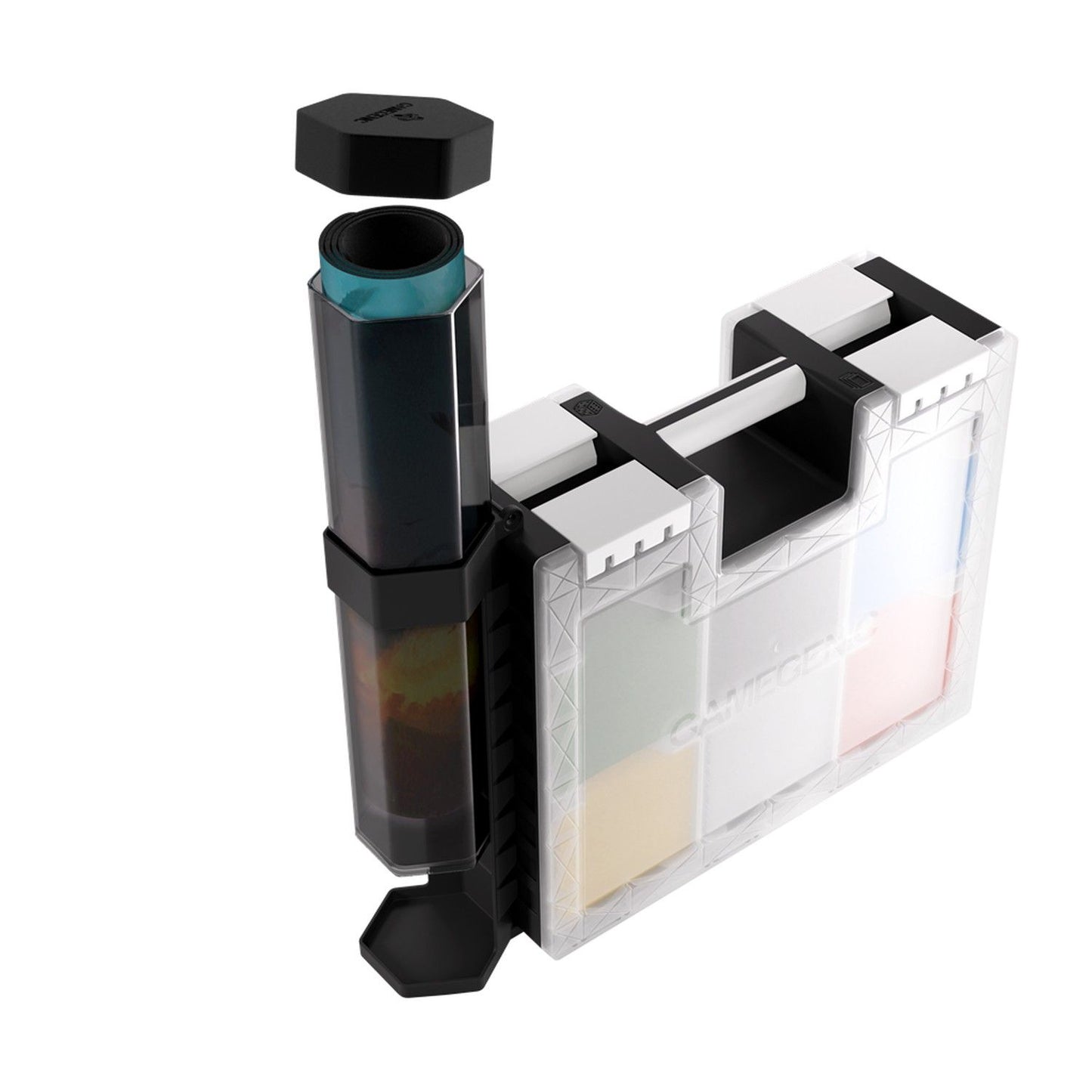 Modular gaming storage system showing a rolled blue mat removed from the tube and component compartments