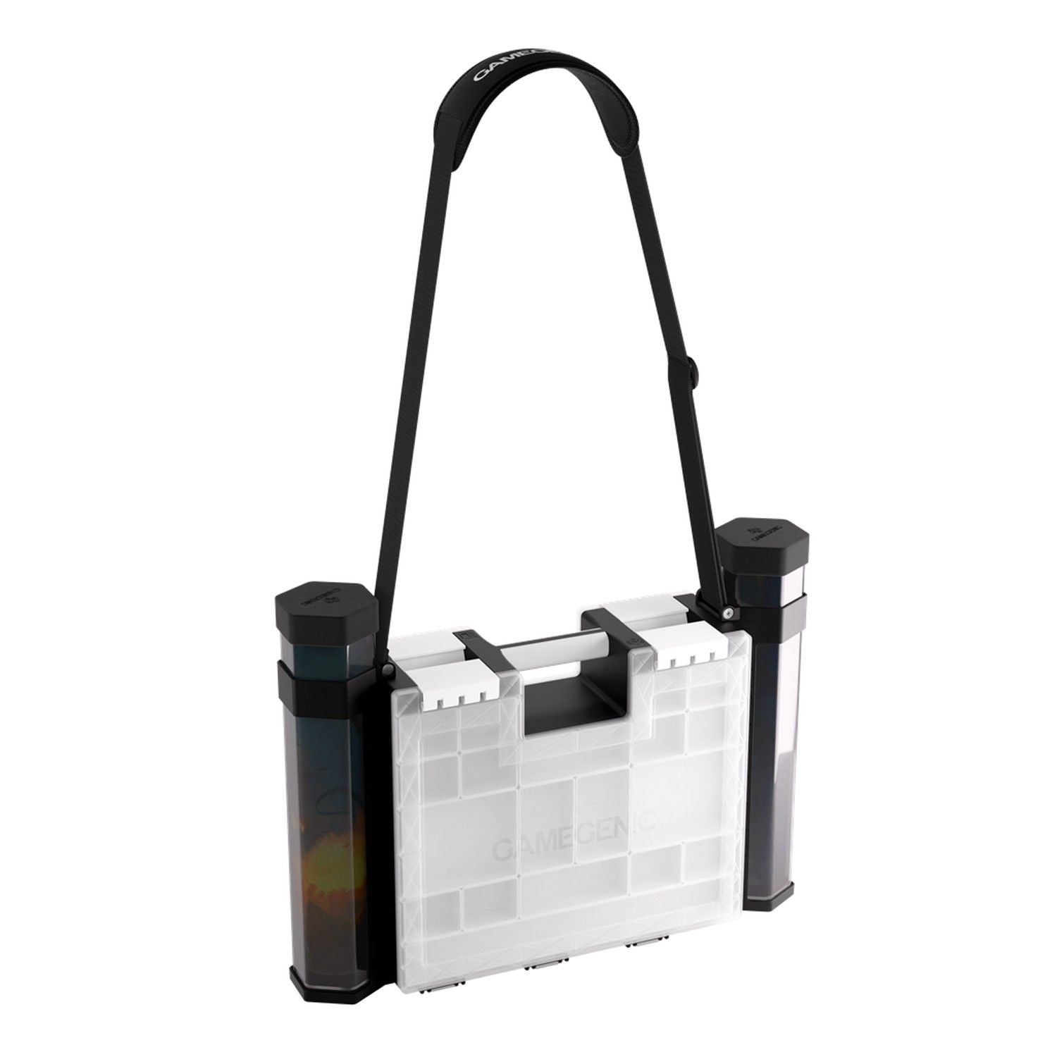 Gamegenic modular deck and token storage system with clear compartments and black shoulder strap