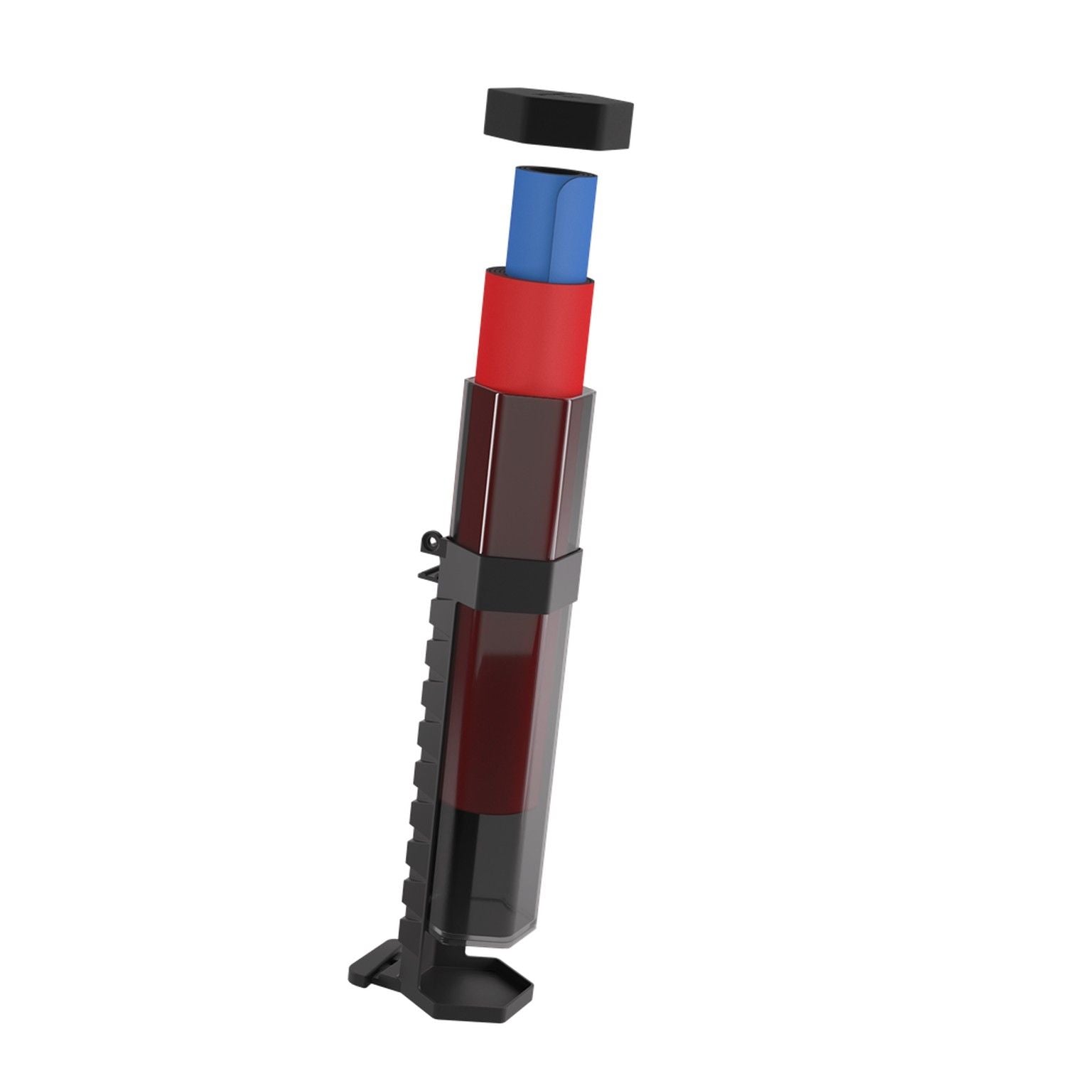 Render of a transparent auto-injector revealing the internal red cartridge, blue insert and separate black cap
