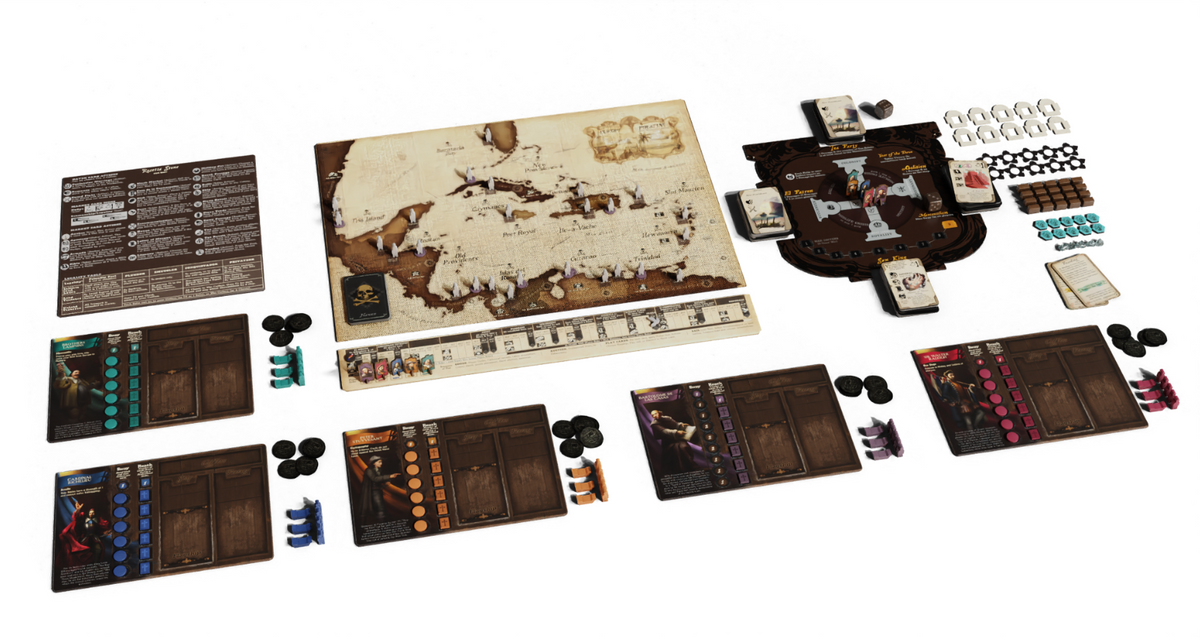 Pax Hispanica Deluxe Edition game setup with board, cards, tokens, and player pieces displayed