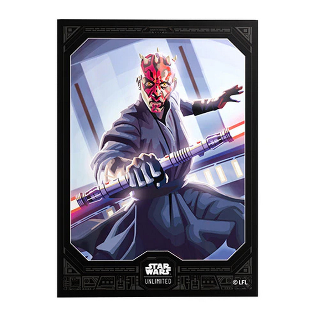 An illustration of Darth Maul in a dynamic pose, holding his ignited double-bladed red lightsaber on a Star Wars Unlimited card 