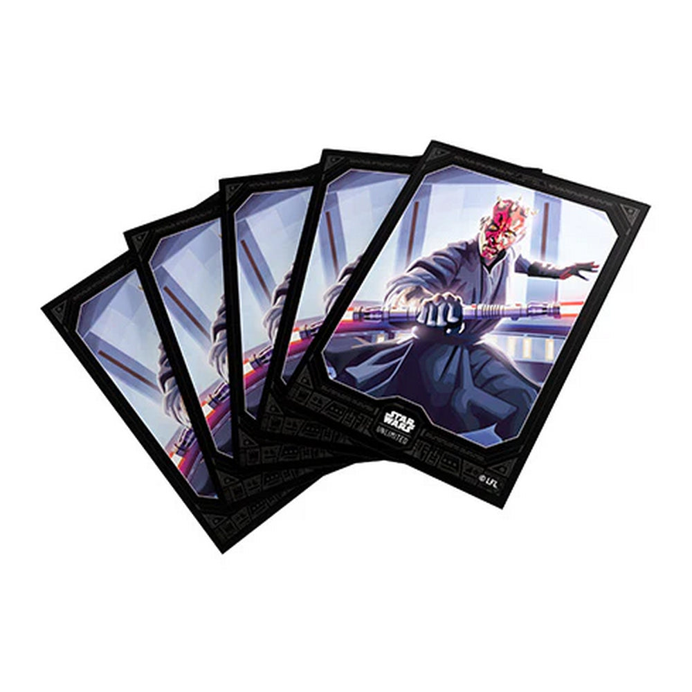 Four Star Wars Unlimited card sleeves, one featuring Darth Maul holding a double-bladed lightsaber