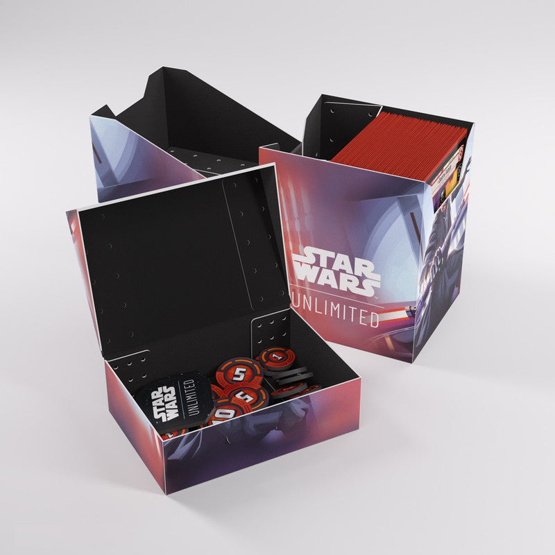 Star Wars Unlimited game storage boxes filled with tokens and red game cards