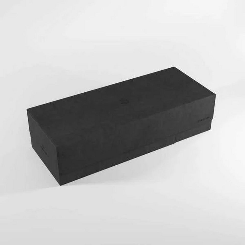 Matte black rectangular box with a faint embossed logo on its lid, on a white background