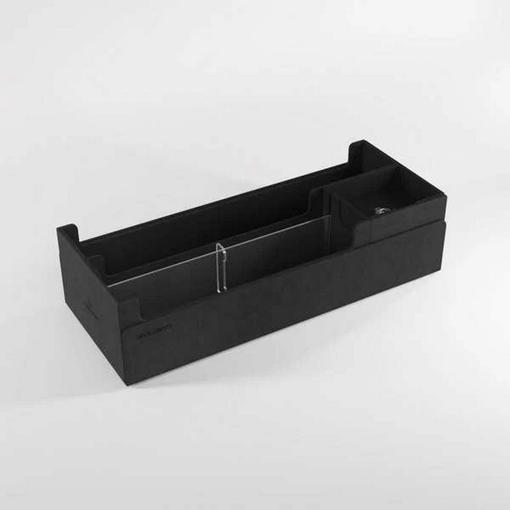 Empty black rectangular organizer with clear dividers and a small circular compartment