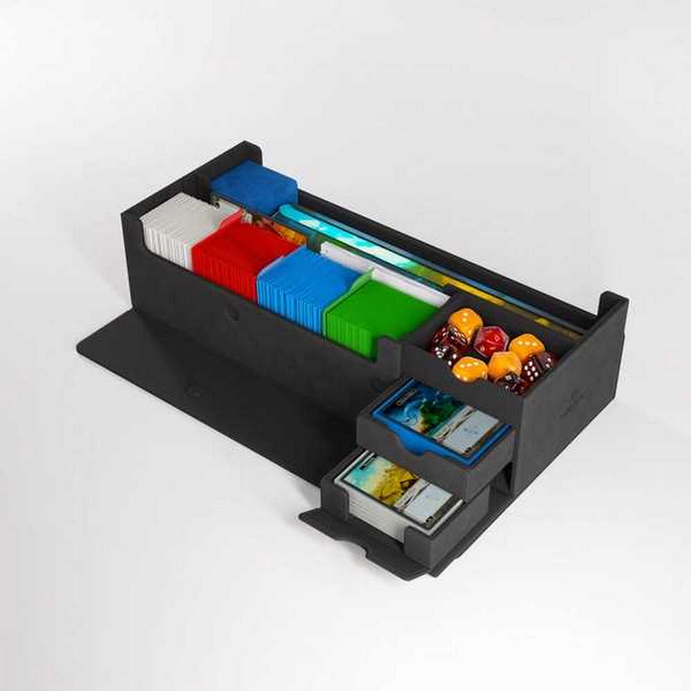 Black game organizer for TCGs, holding colorful card sleeves, dice, and game cards