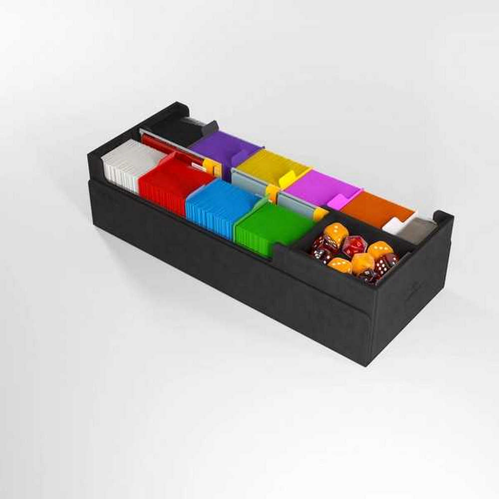 Black tabletop game organizer with multi-colored card stacks and dice