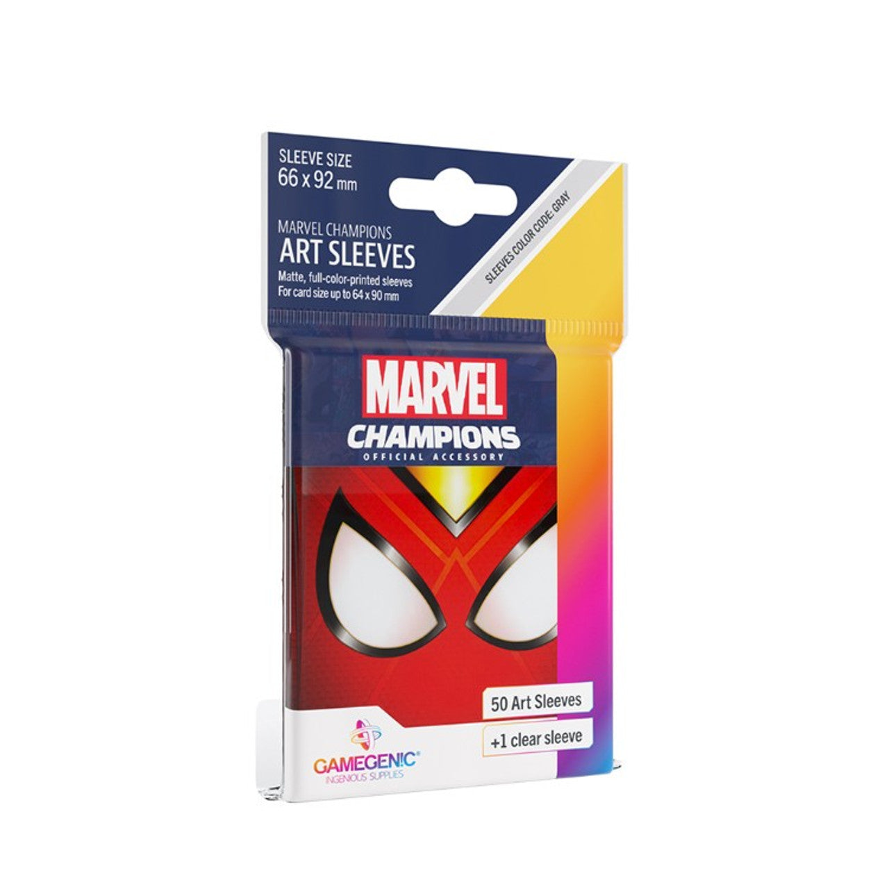 Package of Marvel Champions Art Sleeves (66x92mm) by Gamegenic, featuring a red superhero mask design