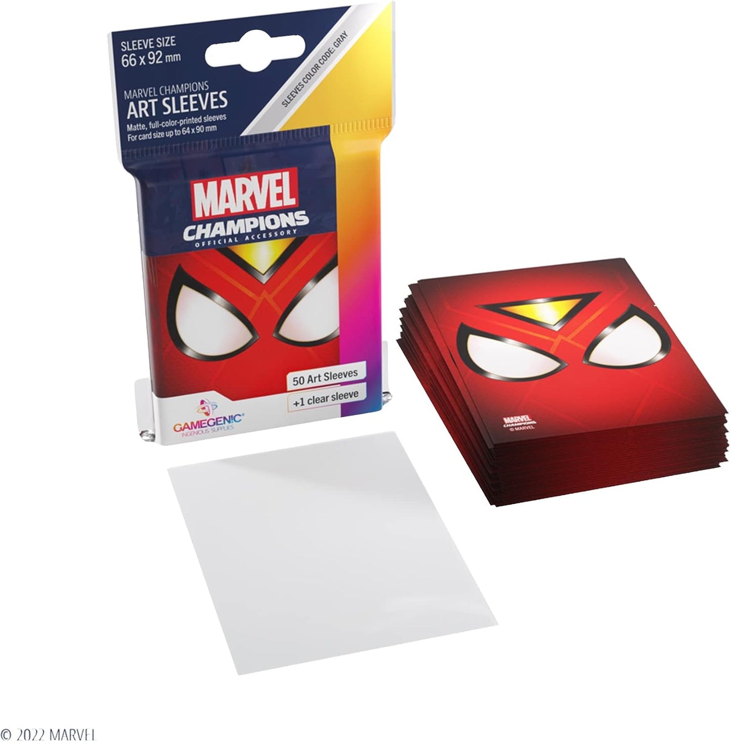 Marvel Champions Art Sleeves (66x92mm) package and stack, featuring a red Spider-Man mask design