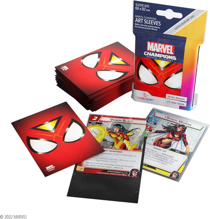 Marvel Champions Art Sleeves package and a stack of red Spider-Mask card sleeves shown with Spider-Woman game cards