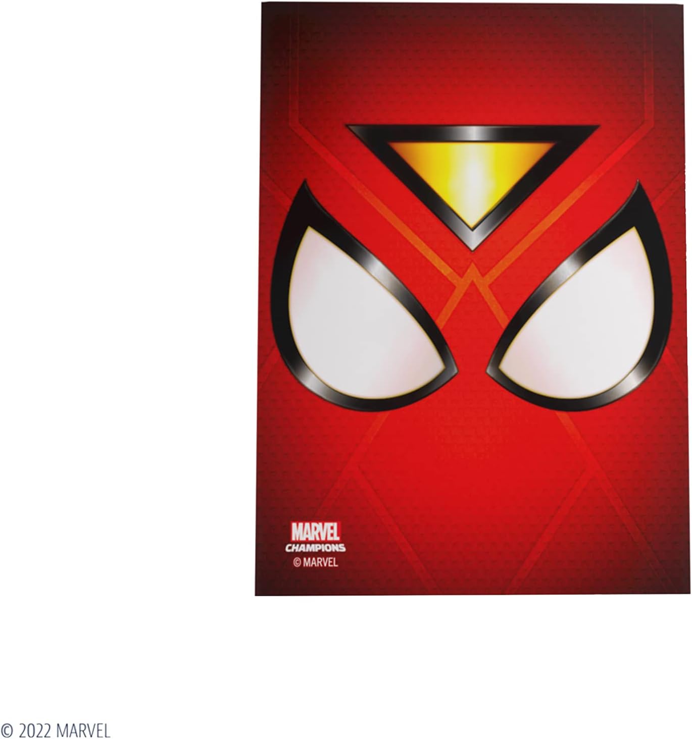 Close-up of the red Spider-Man mask from Marvel Champions, featuring large white eyes and a glowing gold triangle