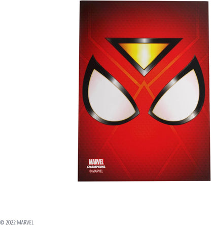 Close-up of the red Spider-Man mask from Marvel Champions, featuring large white eyes and a glowing gold triangle